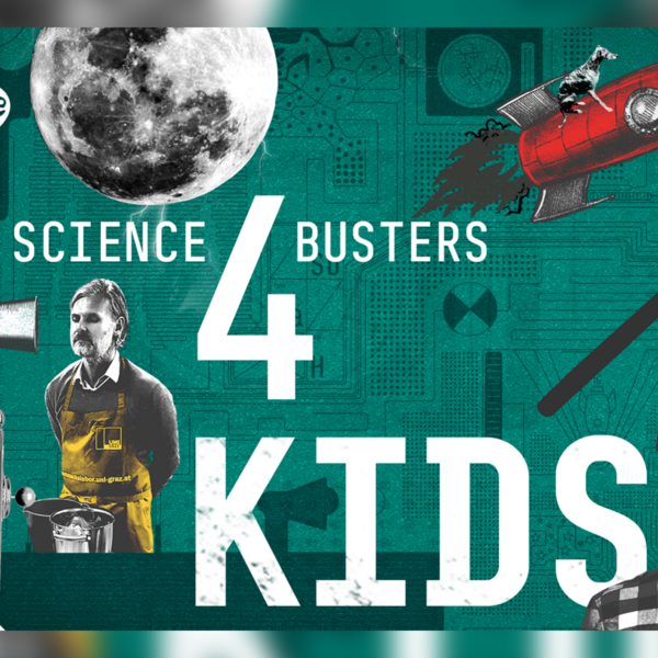 Grafik für Science Busters for Kids mit den Darstellern und allerlei Bildern von Robertern, dem Mond, Raketen und einem Hammer.